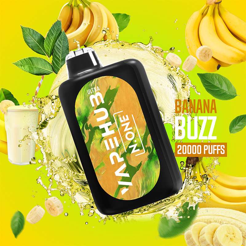 VapeHub Classic Banana-Buzz vape device front view with liquid splash and fruit themed background