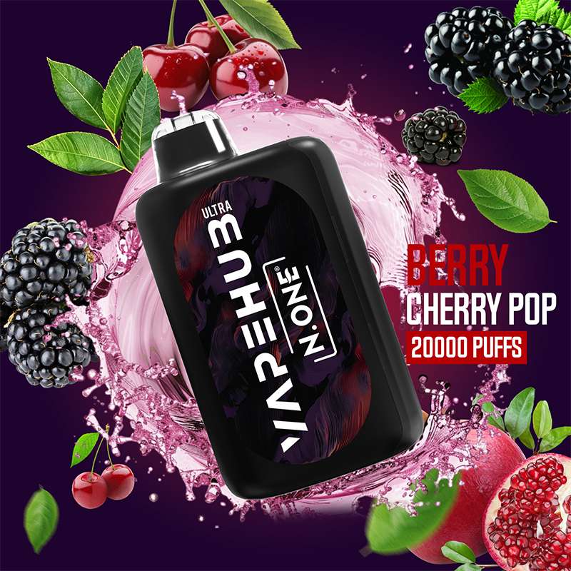 VapeHub Classic Berry-Cherry Pop vape device front view with liquid splash and fruit themed background
