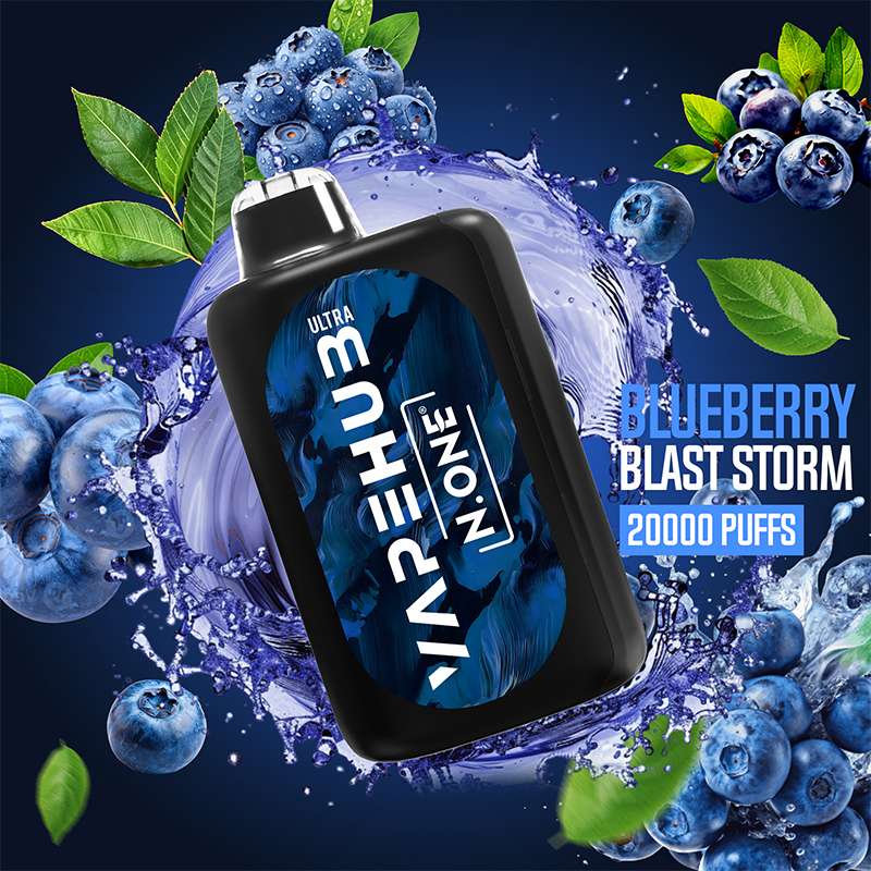 VapeHub Classic Blueberry-Blast-Storm vape device front view with liquid splash and fruit themed background