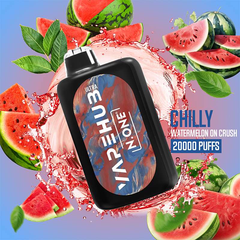 VapeHub Classic Chilly-Watermelon-Crush vape device front view with liquid splash and fruit themed background