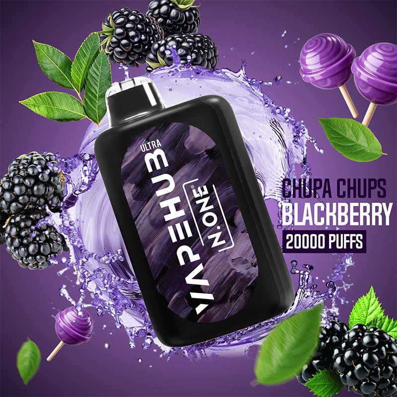 VapeHub Candy Pop Chupa-Chups-Blackberry vape device front view with splash effect and candy fruit background