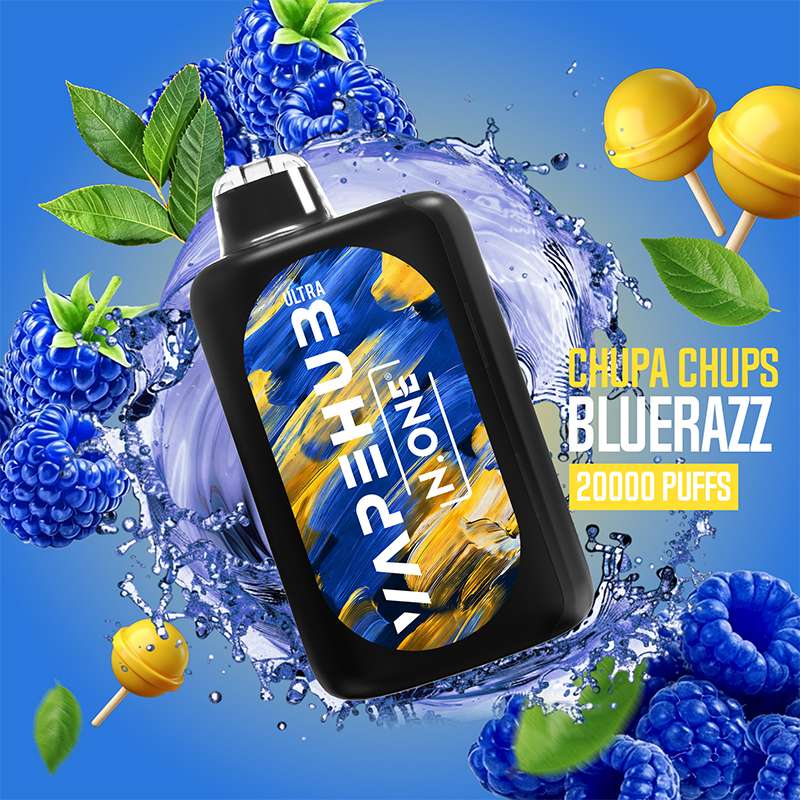 VapeHub Candy Pop Chupa-Chups-Bluerazz vape device front view with splash effect and candy fruit background