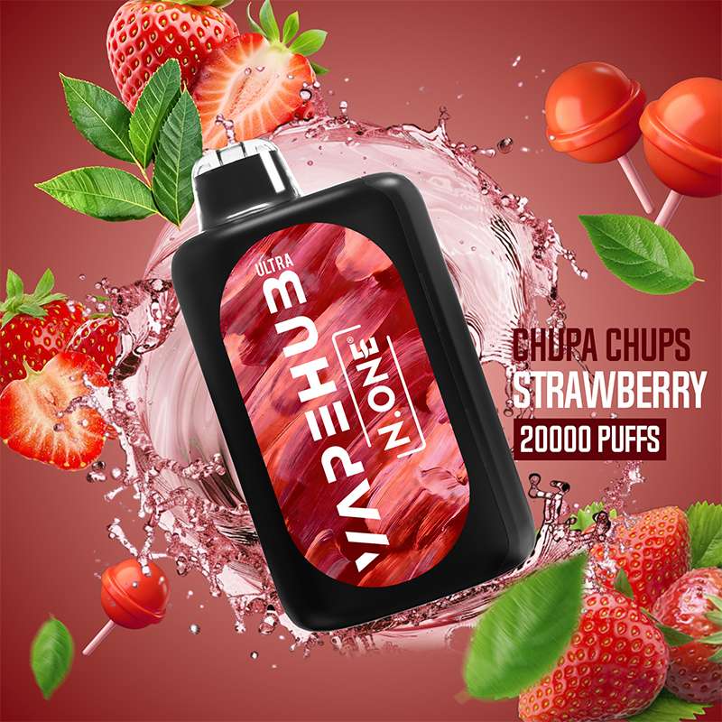VapeHub Candy Pop Chupa-Chups-Strawberry vape device front view with splash effect and candy fruit background
