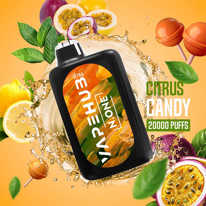 VapeHub Candy Pop Citrus-Candy vape device front view with splash effect and candy fruit background