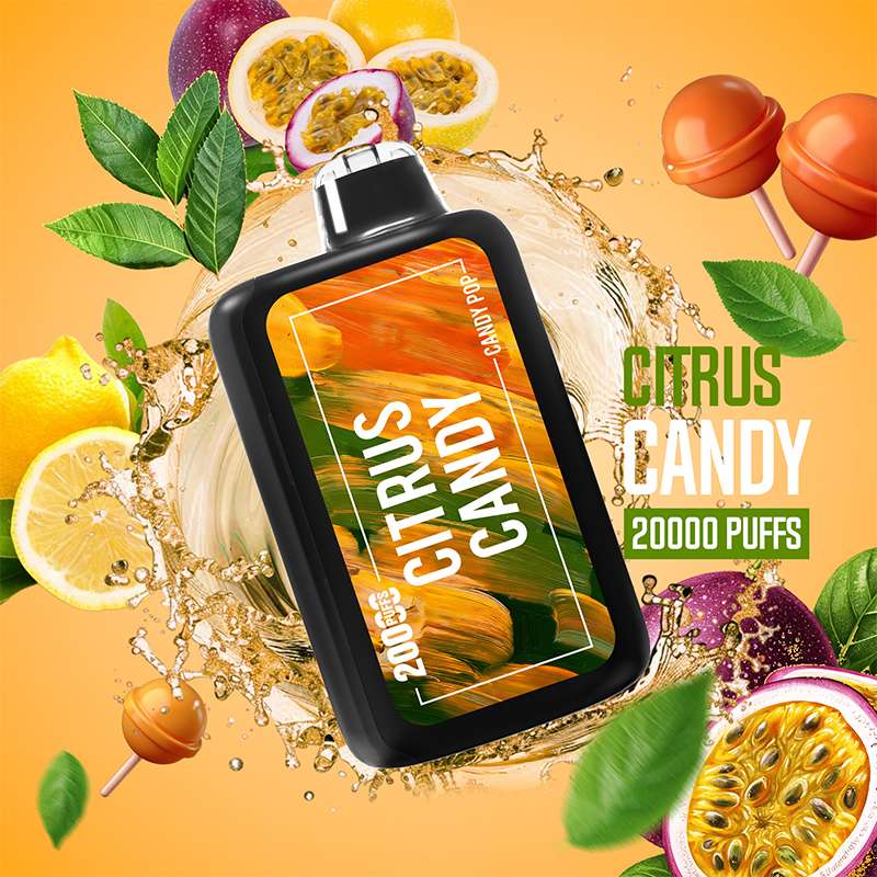 VapeHub Candy Pop Citrus-Candy vape device back view with splash effect and candy fruit background