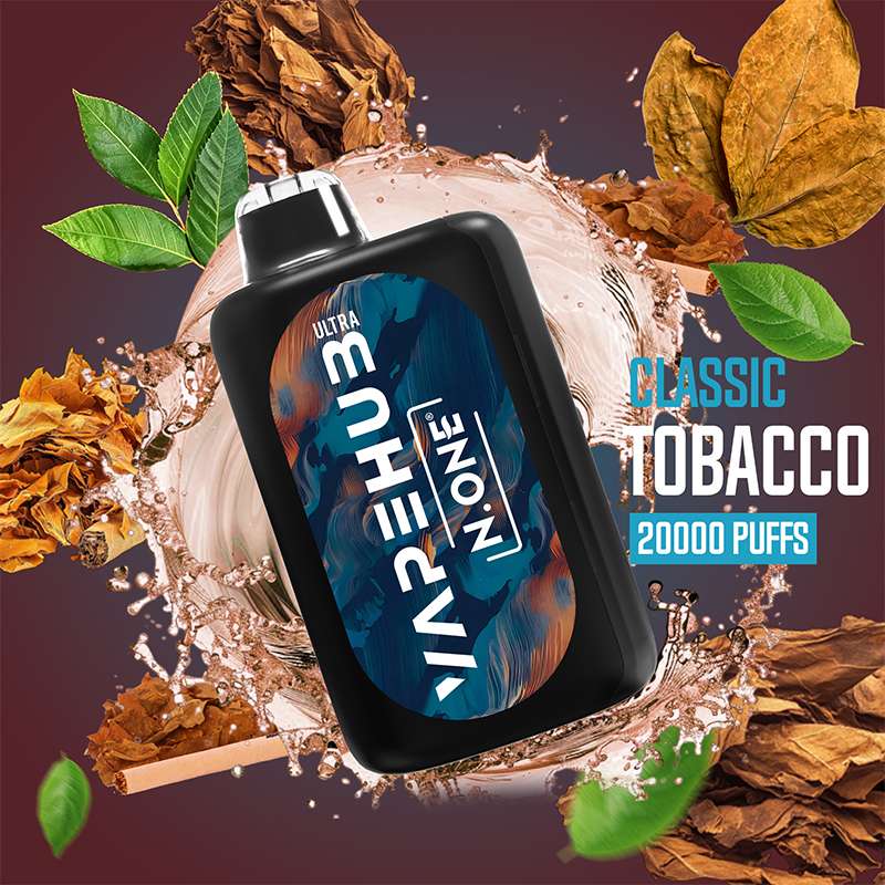 Classic Classic-Tobacco vape device in Tobacco flavor, front view, shown with liquid splash effects and rich tobacco-themed background, representing a smooth and bold taste profile.