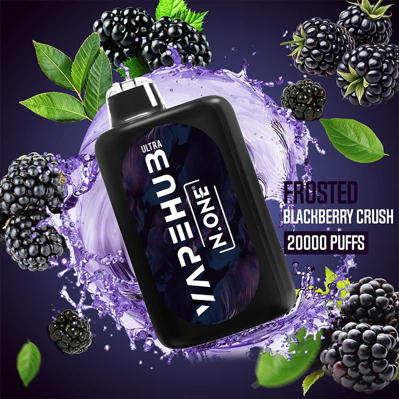 VapeHub Classic Frosted-Blackberry-Crush vape device front view with liquid splash and fruit themed background