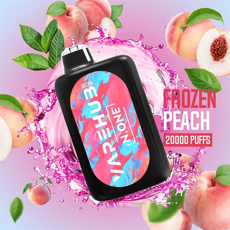 VapeHub Classic Frozen-Peach vape device front view with liquid splash and fruit themed background