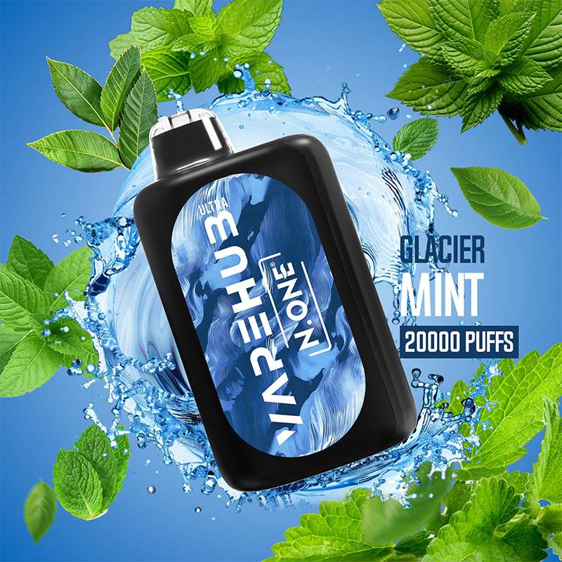 Classic Glacier-Mint vape device in Mint flavor, front view, featuring a refreshing splash water effect with cool mint-themed background elements, highlighting a crisp and icy sensation.
