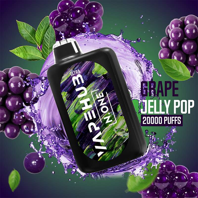 VapeHub Candy Pop Grape-Jelly-Pop vape device front view with splash effect and candy fruit background