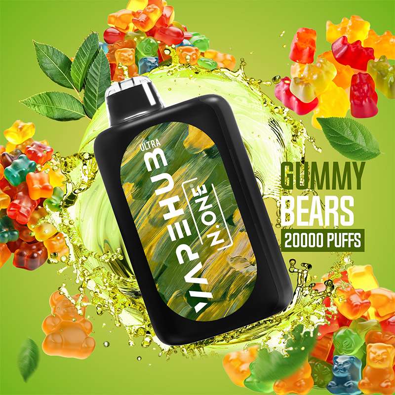 VapeHub Candy Pop Gummy-Bears vape device front view with splash effect and candy fruit background