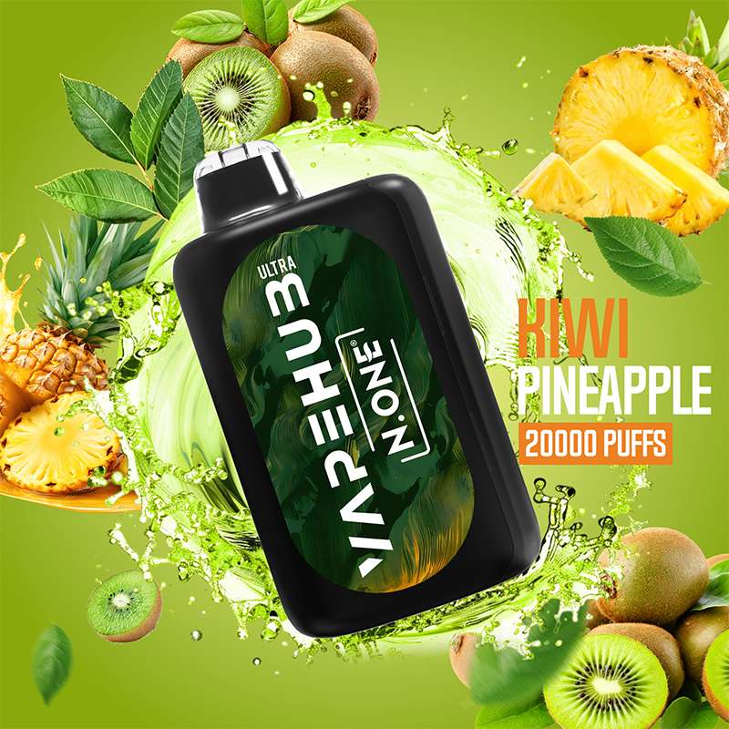 VapeHub Classic Kiwi-Pineapple vape device front view with liquid splash and fruit themed background