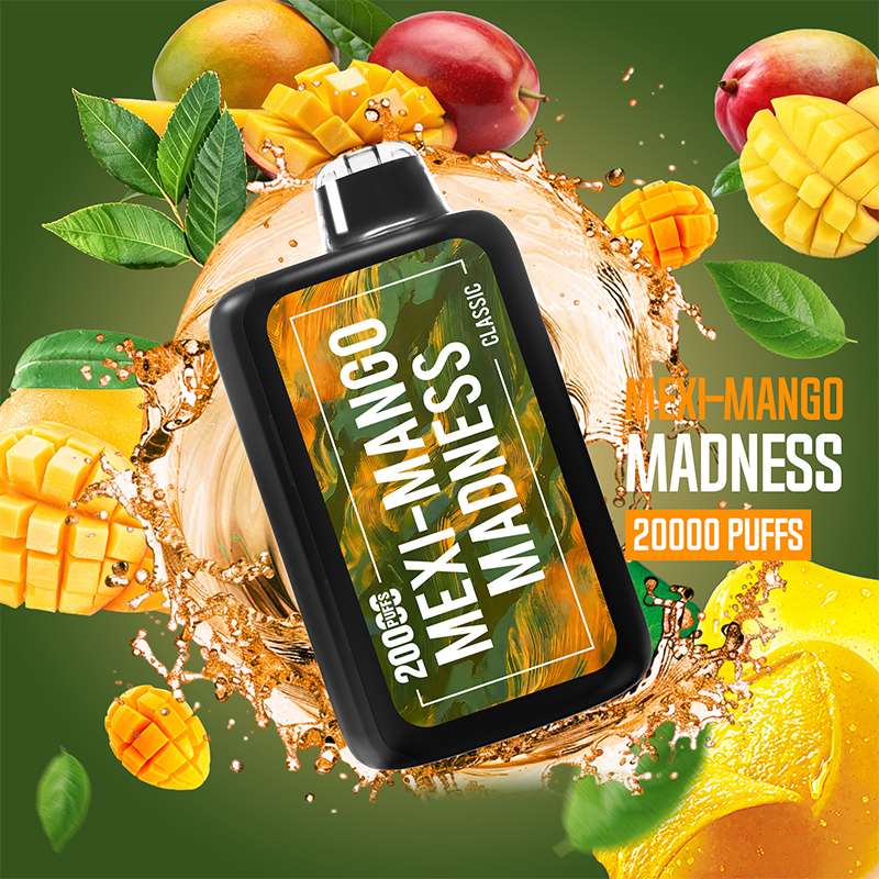 VapeHub Classic Mexi-Mango-Madness vape device back view with splash effect and fruit background