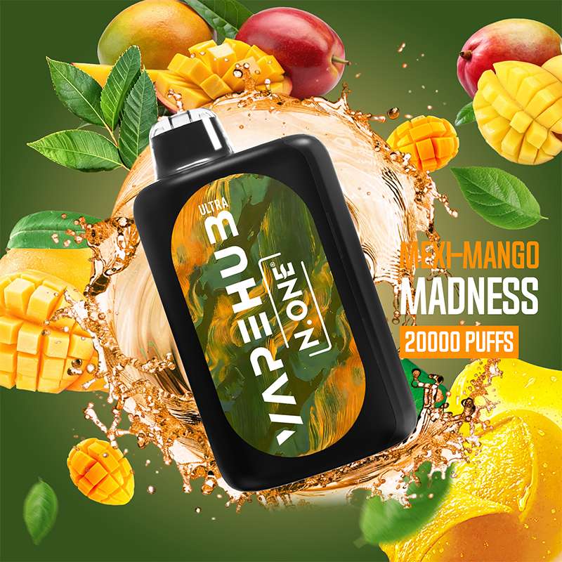 VapeHub Classic Mexi-Mango-Madness vape device front view with liquid splash and fruit themed background