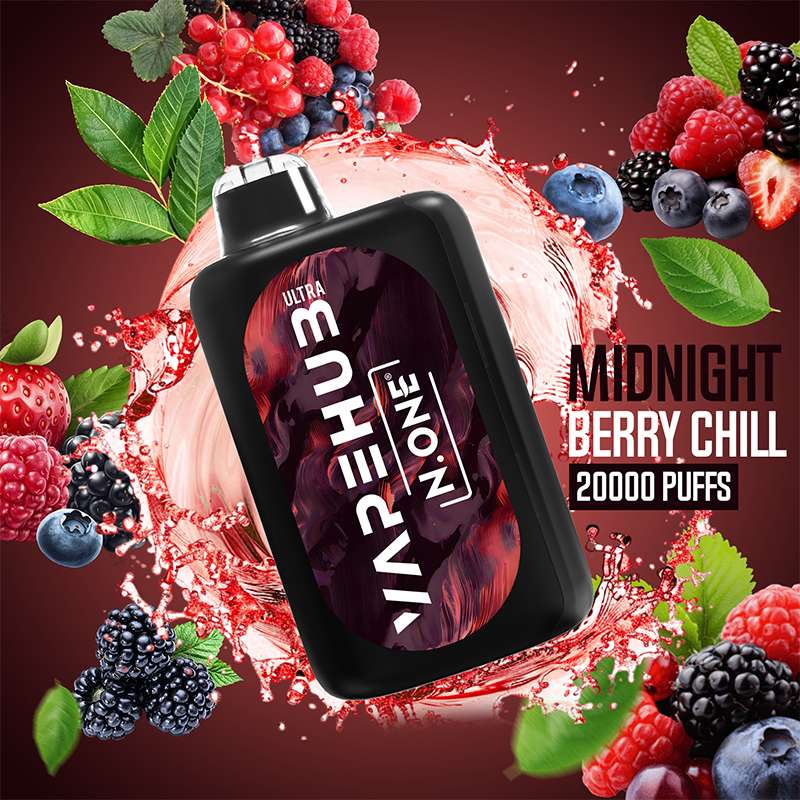 VapeHub Classic Midnight-Berry-Chill vape device front view with liquid splash and fruit themed background