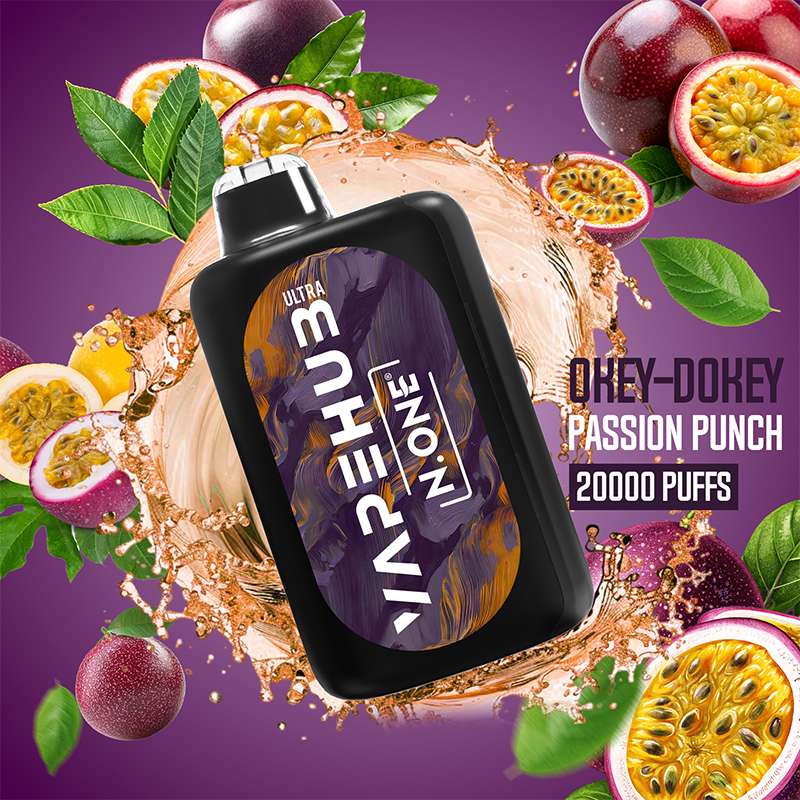 VapeHub Classic Okey-Dokey-Passion-Punch vape device front view with liquid splash and fruit themed background