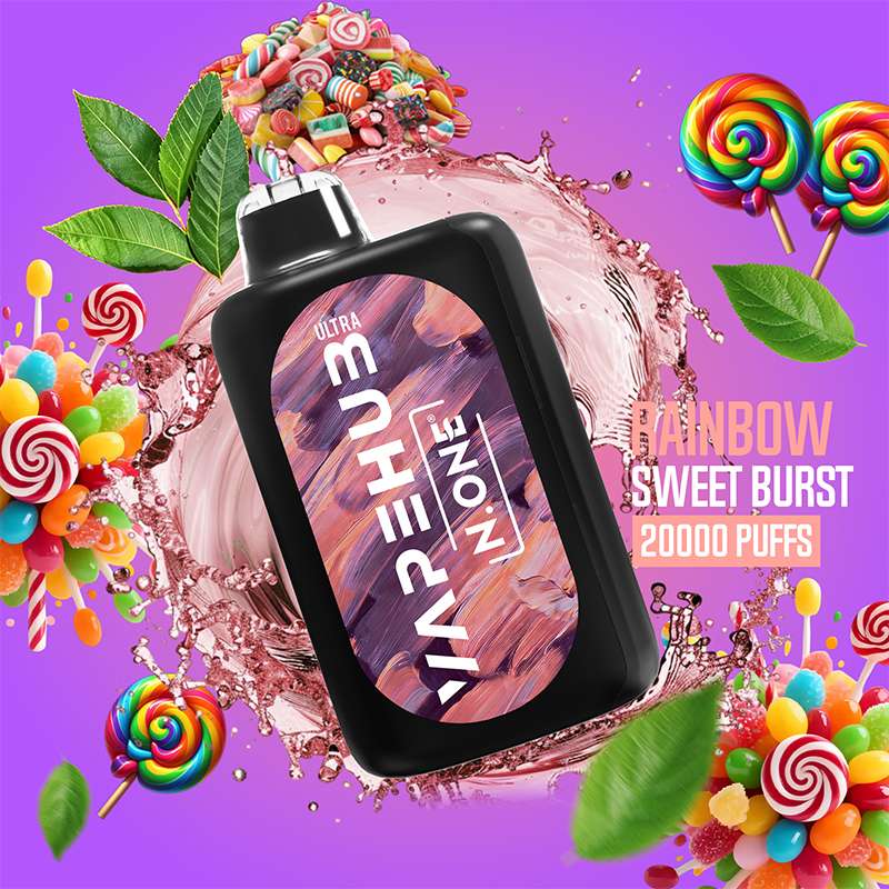 VapeHub Candy Pop Rainbow-Sweet-Burst vape device front view with splash effect and candy fruit background