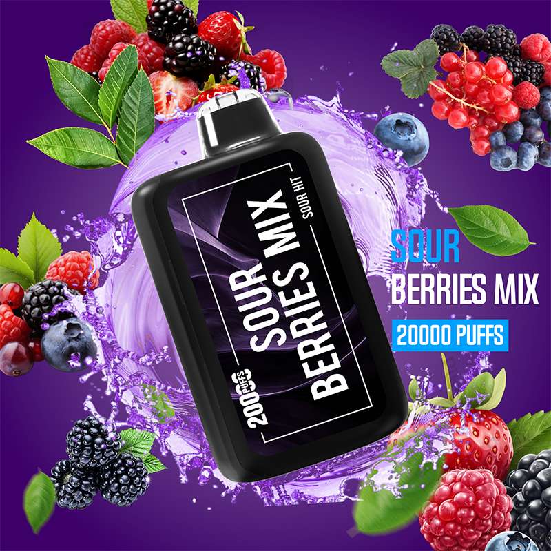 VapeHub Sour Hit Sour-Berries-Mix vape device back view with splash effect and sour themed background