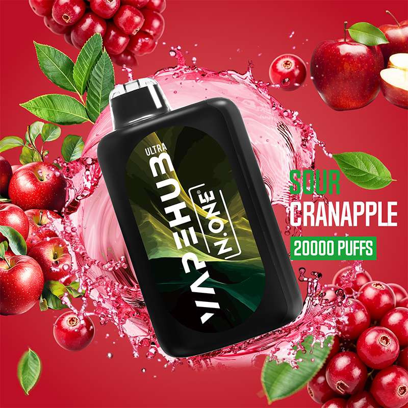 VapeHub Sour Hit Sour-Cranapple vape device front view with splash effect and sour themed background