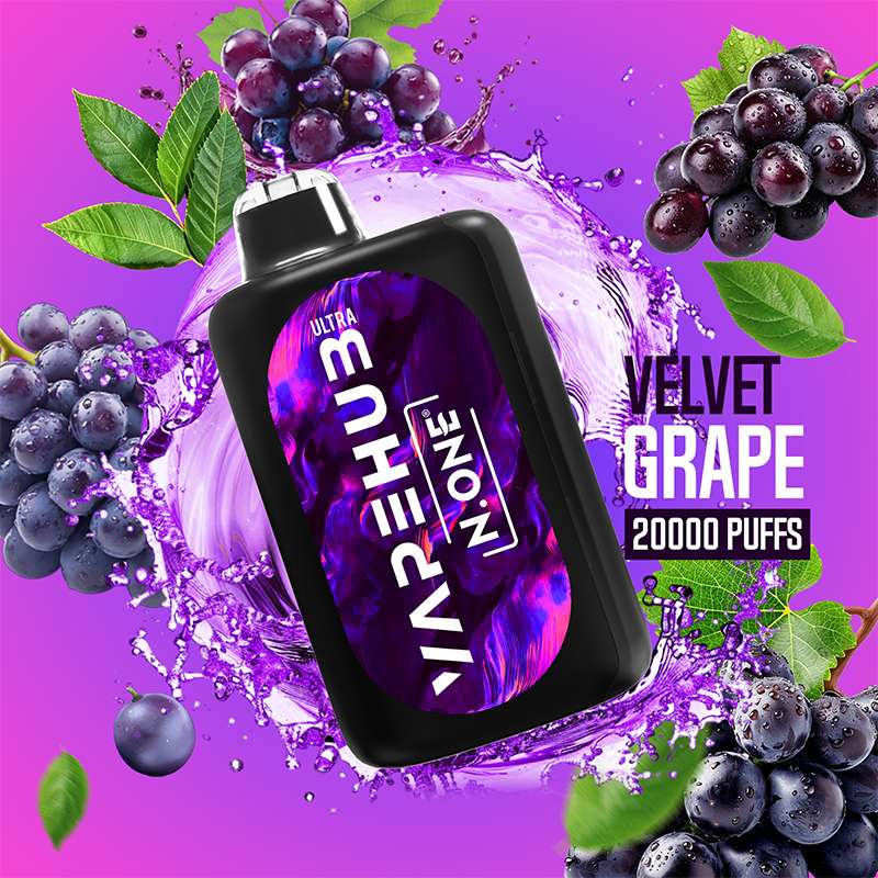 VapeHub Classic Velvet-Grape vape device front view with liquid splash and fruit themed background