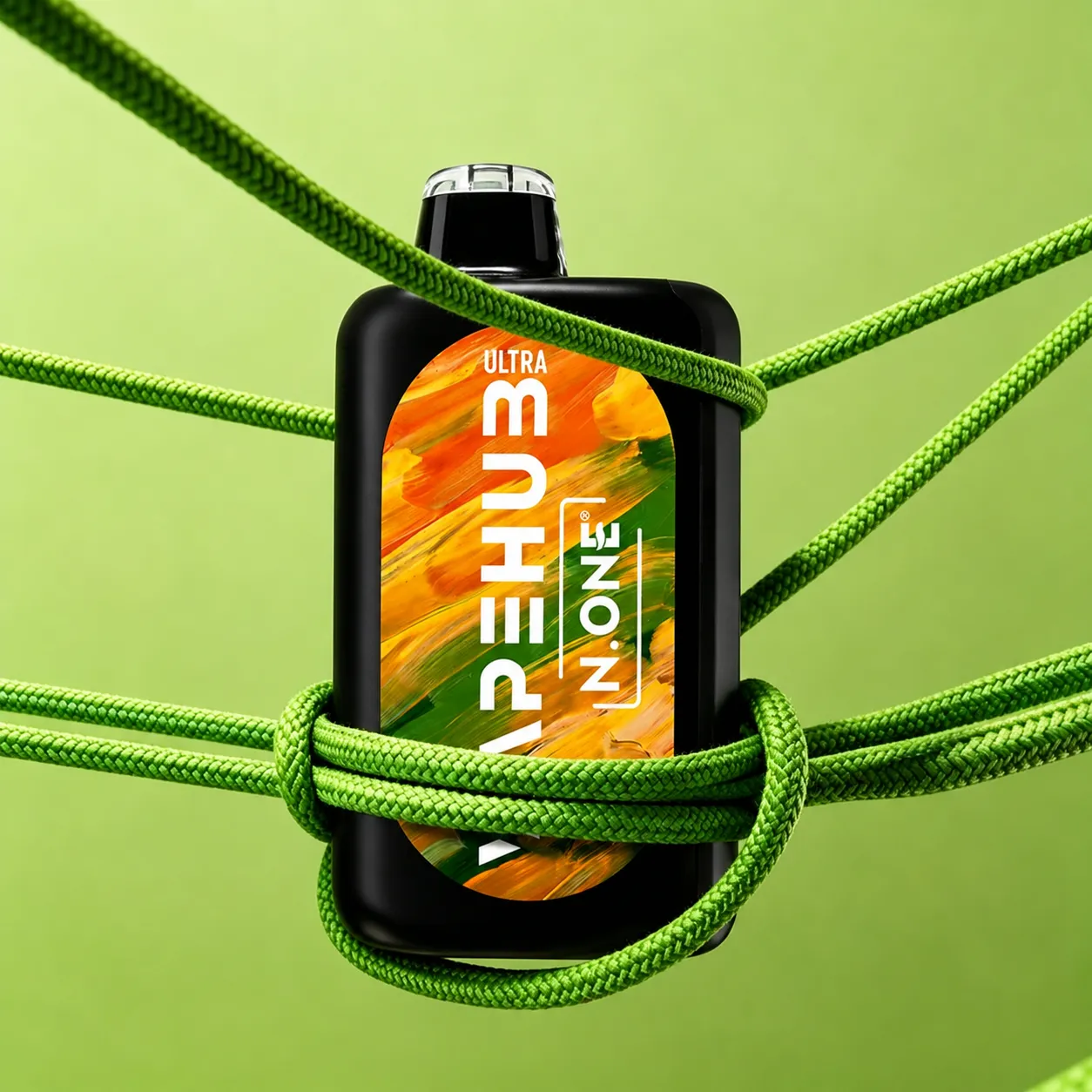 A VapeHub vape device tied up in mid-air with a green rope.